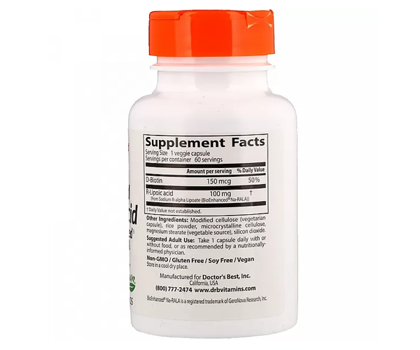 R-липоевая кислота Doctor's Best (R-Lipoic Acid) 100 мг 