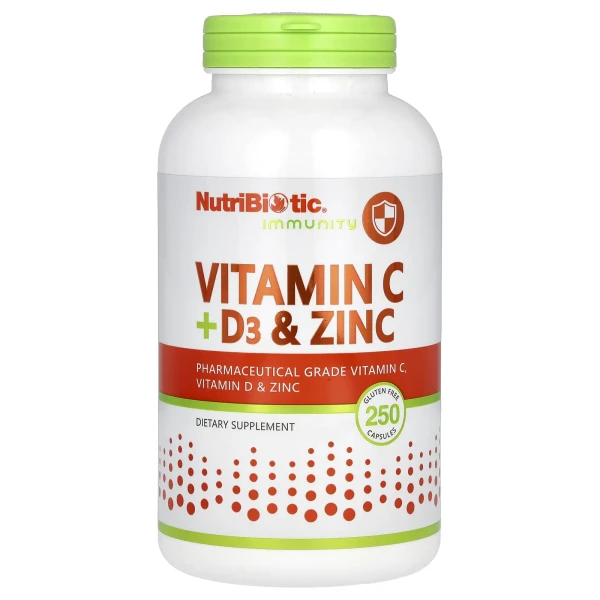 Витамин С + Д3 и цинк NutriBiotic (Vitamin C + D3 & цинк) 250 капсул