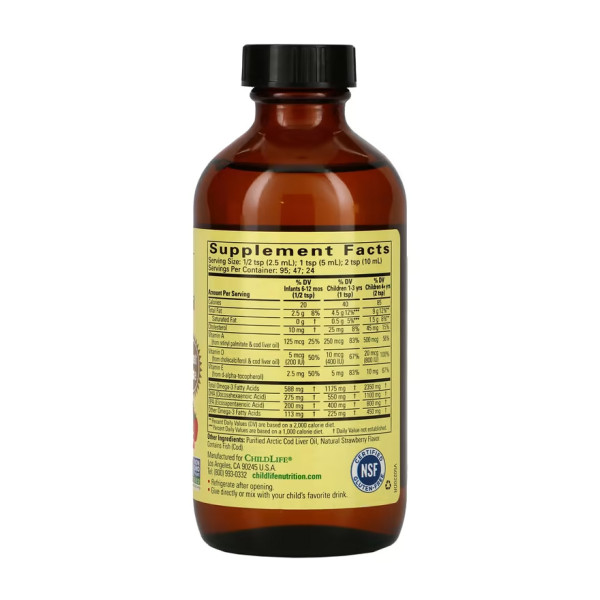 Жир печінки тріски ChildLife (Cod Liver Oil) 1225 мг 237 мл із полуничним смаком