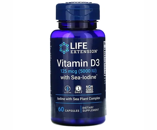 Витамин Д3 Life Extension (Vitamin D3) с йодом 5000 МЕ/1000 мкг 60 капсул