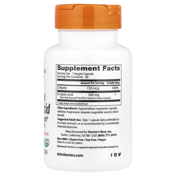 R-ліпоєва кислота Doctor's Best  (R-Lipoic Acid) 200 мг 60 капсул