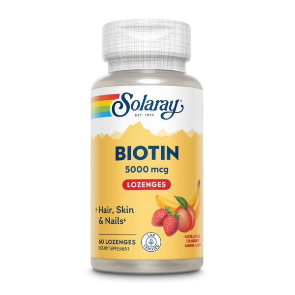 Биотин Solaray (Biotin) 5000 мкг со вкусом персика, клубники и банана 60 леденцов