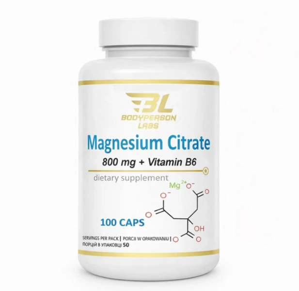 Магній з вітаміном B6 Bodyperson Labs (Magnesium citrate) 800 мг 100 капсул