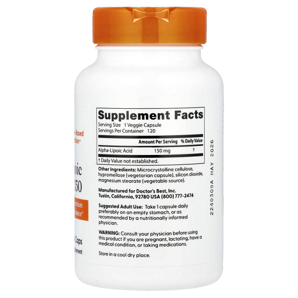 Альфа-липоевая кислота Doctor's Best (Alpha-lipoic acid) 150 мг 120 капсул