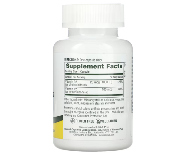 Вітамін D3 і K2 Natures Plus (Vit D3/Vit K2) 1000 МО/100 мкг 90 капсул