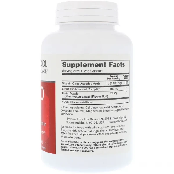 Вітамін C-1000 з біофлавоноїдами та рутином Protocol for Life Balance  (C-1000 Caps with Bioflavonoids Rutin) 1000 мг/100 мг/25 мг 120 капсул