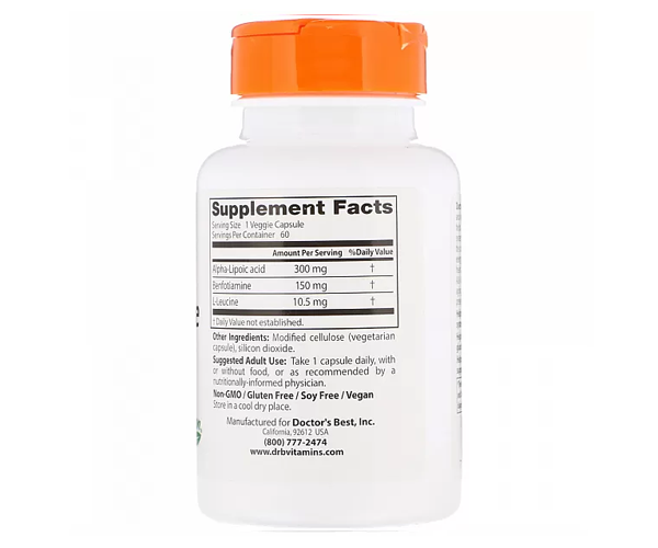 Альфа-липоевая кислота + бенфотиамин Doctor's Best (Benfotiamine + Alpha-lipoic acid) 300 мг/150 мг 60 капсул