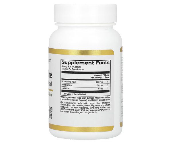 Бенфотиамин с альфа-липоевой кислотой California Gold Nutrition (Benfotiamine+Alpha lipoic acid) 300 мг/150 мг 