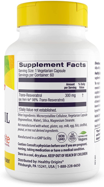Ресвератрол с экстрактом красного вина Healthy Origins (Resveratrol with Red Wine Exract) 300 мг 