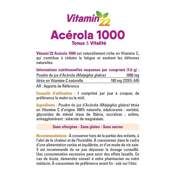 Ацерола 1000 Витамин С натуральный Vitamin’22 (Acerola 1000) 24 таблетки