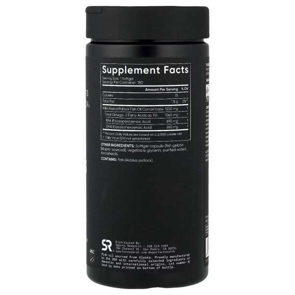 Омега-3 Риб'чий Жир Аляска Мінтай 1250 мг Sport Research (Omega-3 Fish Oil Alaska Pollock 1250mg) 180 шт
