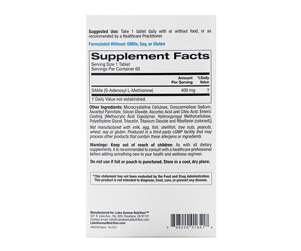 SAMe Lake Avenue Nutrition (S-Adenosyl L-Methionine) 400 мг 