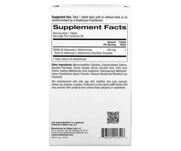 SAMe Lake Avenue Nutrition (S-Adenosyl L-Methionine) 400 мг 