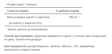 Ацетил Л-Карнитин 500 мг Puritans Pride