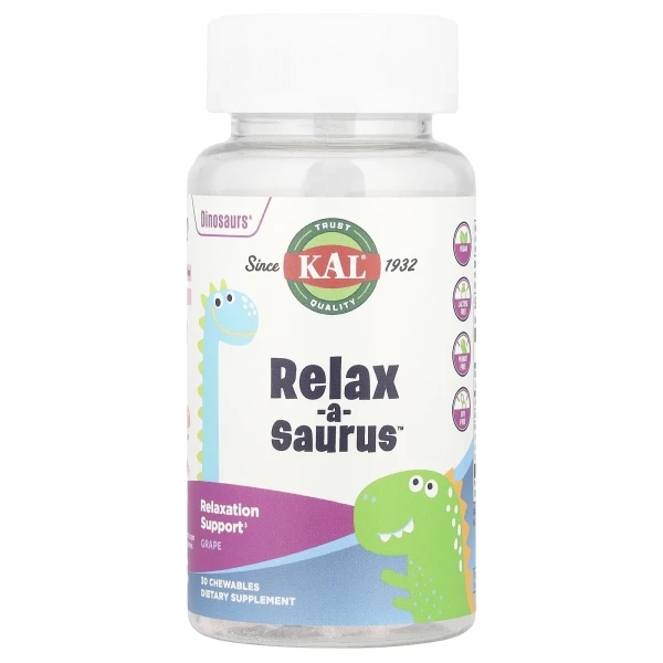 Добавка для розслаблення KAL, Dinosaurs®, Relax-a-Saurus™ виноградний смак 30 жувальних таблеток