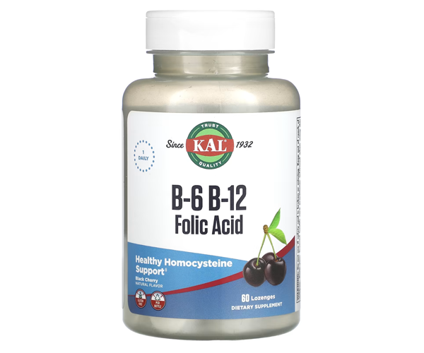 Витамины B-6 B-12 фолиевая кислота KAL (B-6 B-12 Folic Acid) 50 мг/400 мкг/400 мкг 60 леденцов со вкусом ягод