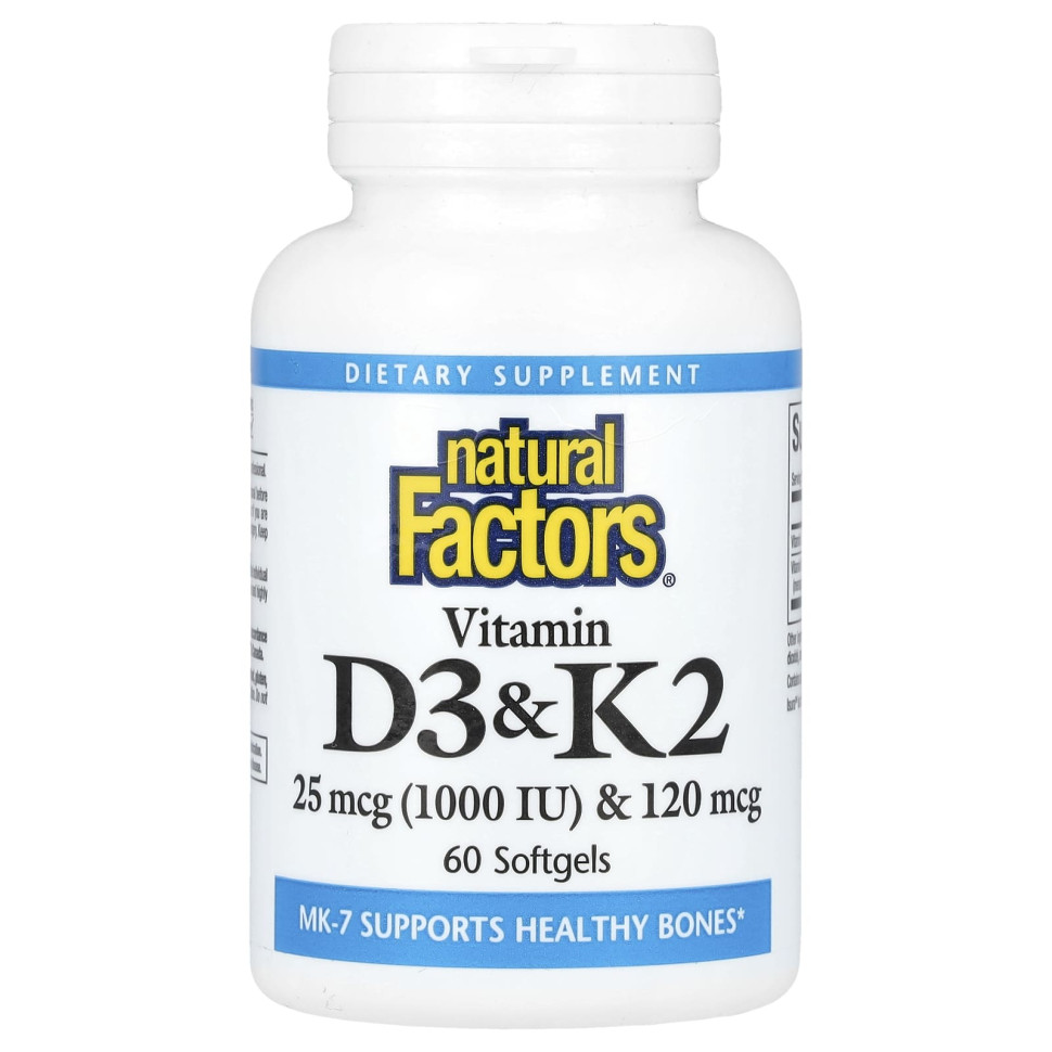 Купить Витамин Д3 и К2 Natural Factors (Vitamin D3 & K2) 1000 МЕ/120 ...