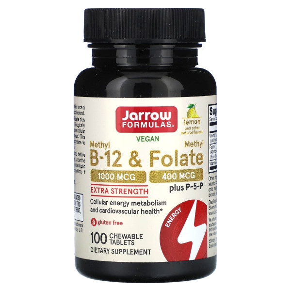 Метилфолат и метил B12 Jarrow Formulas (Methyl B-12 & Methyl Folate) 1000 мкг/400 мкг 100 жевательных таблеток со вкусом лимона