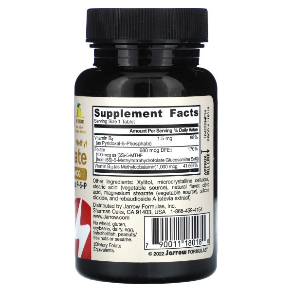 Метилфолат и метил B12 Jarrow Formulas (Methyl B-12 & Methyl Folate) 1000 мкг/400 мкг 100 жевательных таблеток со вкусом лимона