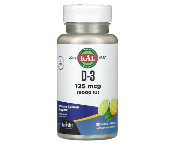 Вітамін Д3 миттєвого розчинення KAL (Vitamin D3) 5000 МО 90 таблеток зі смаком лимон-лайм