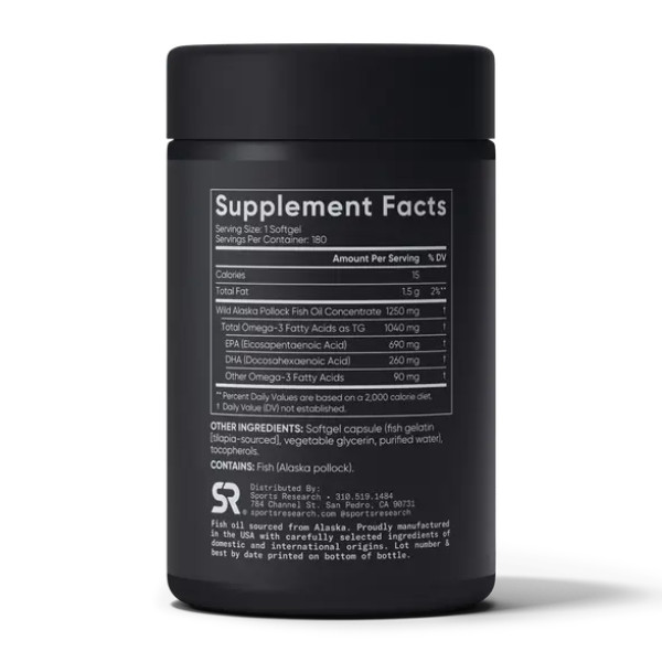 Рыбий жир тройной силы Sports Research (Omega-3 Fish Oil Triple Strength) 1250 мг 180 капсул