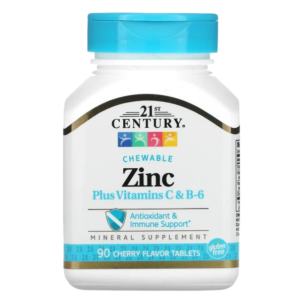 Жувальний цинк із вітамінів С та В6 21st Century  (Zinc Chewable + vitamin C&B6) 90 таблеток зі смаком вишні