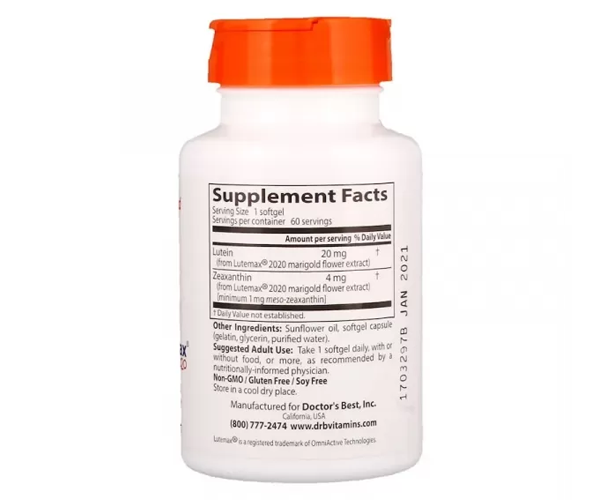 Лютеїн з Lutemax 2020 Doctor's Best (Lutein with Lutemax 2020) 20 мг/4 мг 
