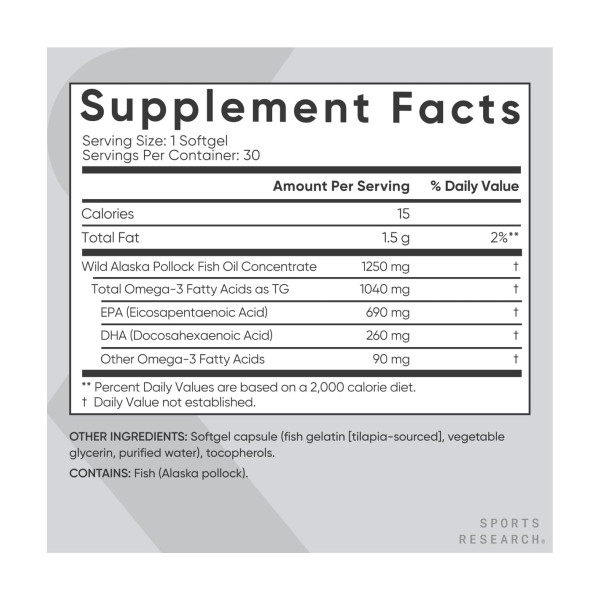 Омега-3 Риб'ячий Жир Аляска Мінтай 1250мг Sport Research (Omega-3 Fish Oil Alaska Pollock 1250mg)