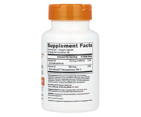 Витамин К2 Doctor's Best (Vitamin K2 MK-7 with MenaQ7 plus Vitamin D3) 180 мкг 60 капсул
