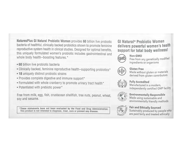 Пробиотики для женщин Natures Plus (GI Natural Probiotic Women) 60 млрд КОЕ 30 капсул