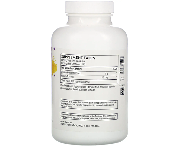 Бетаина гидрохлорид и пепсин Thorne Research (Betaine HCL and Pepsin) 