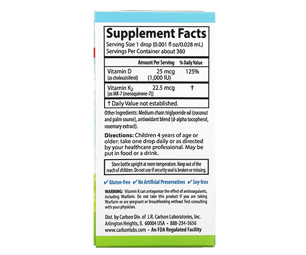 Витамины для детей D3+K2 Carlson Labs (Kid's Super Daily D3+K2) 1000 МЕ/ 22.5 мкг 10.16 мл