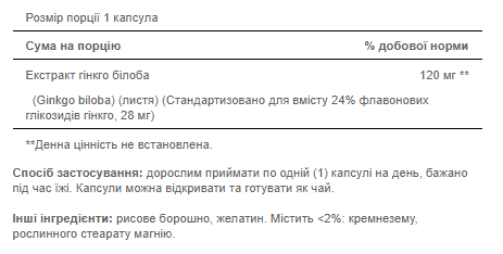 Гінкго Білоба стандартизований екстракт Puritan's Pride (Ginkgo Biloba) 120 мг 