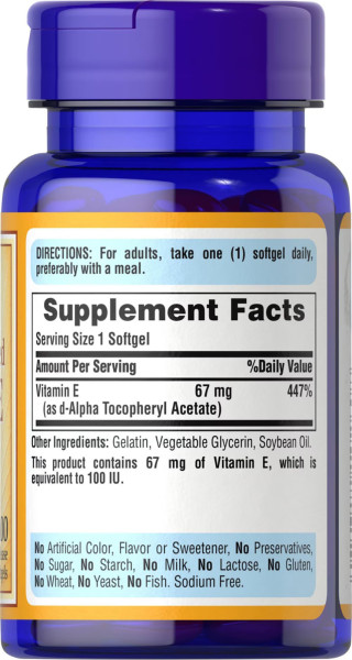 Витамин Е быстрого высвобождения Puritan's Pride (Natural Vitamin E) 100 МЕ 100 капсул
