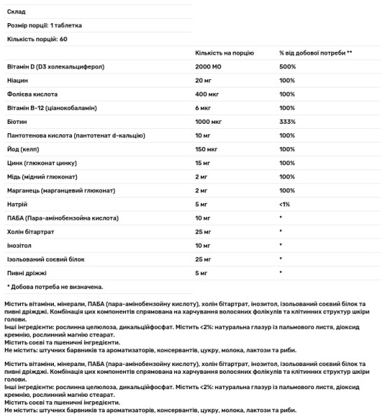 Вітаміни для волосся Puritan's Pride (Vitamins for the Hair) 60 таблеток