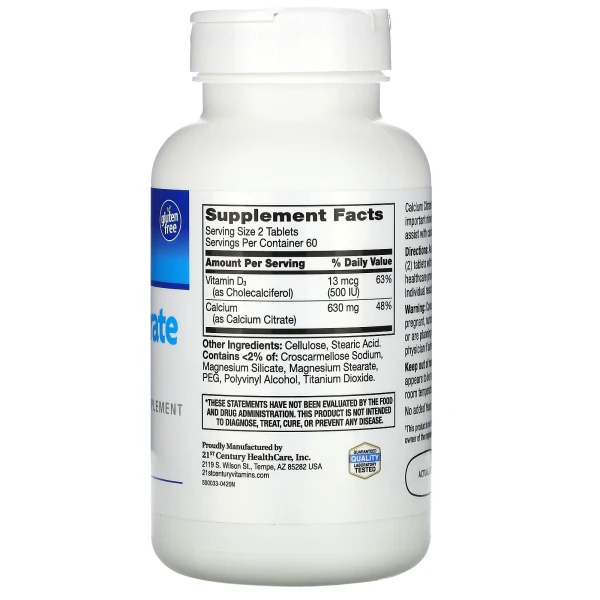 Цитрат кальция с витамином D3 21st Century (Calcium Citrate Maximum+D3) 500 мг/630 МЕ 120 таблеток