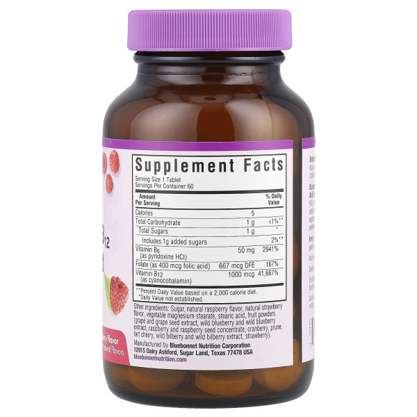 Вітаміни B6, B12 + фолієва кислота Bluebonnet Nutrition  (Vitamin B6 B12 plus Folic Acid) 60 таблеток зі смаком малини