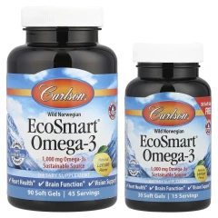 Омега-3 кислоти з норвезьких морепродуктів дикого вилову Carlson (EcoSmart®) 120 капсул зі смаком натурального лимона