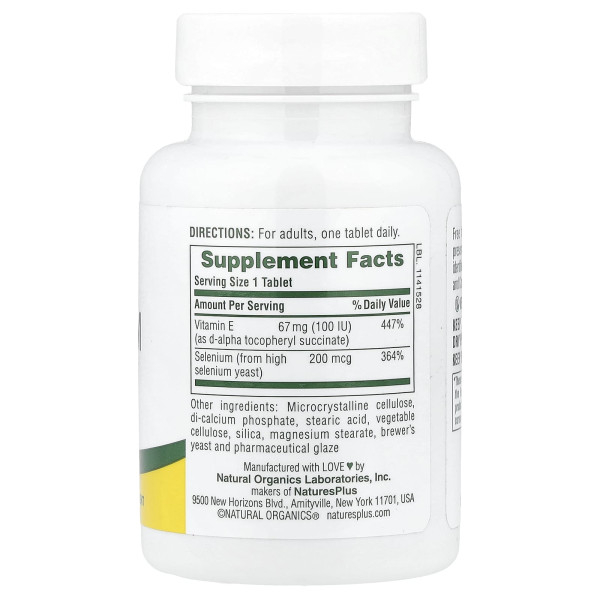 Селен с витамином E Natures Plus (Super Selenium with Vitamin E) 200 мкг/100 МЕ 90 таблеток