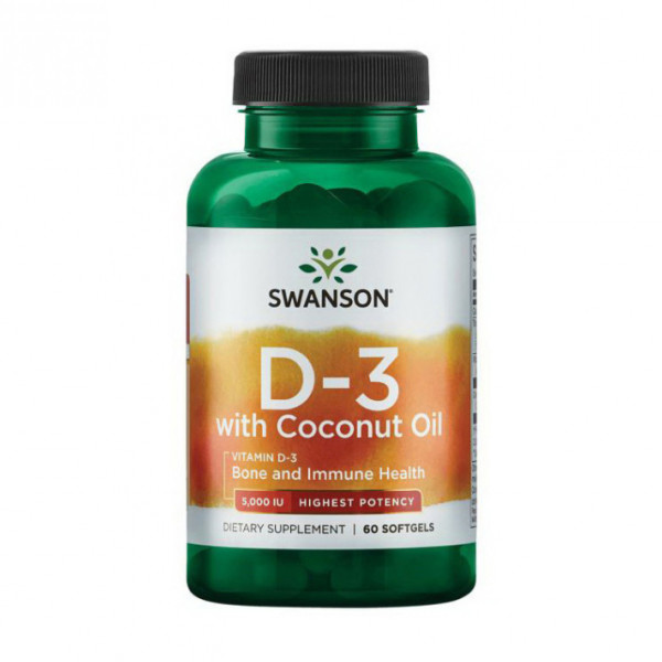 Вітамін Д3 з кокосовим маслом Swanson  (Vitamin D-3 with Coconut Oil High-Potency) 5000 МО 60 капсул