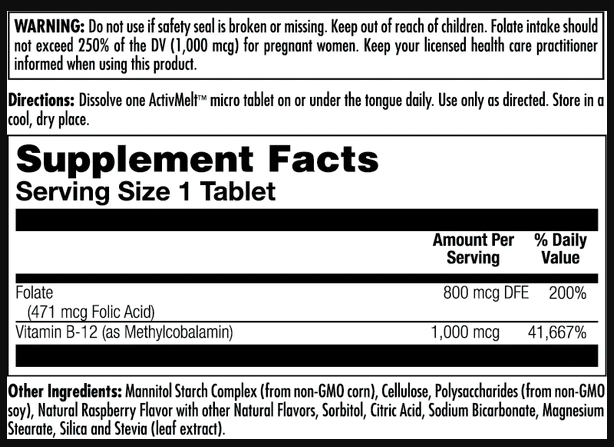 Фолиевая кислота и Метил В12 KAL ( Folic Acid Methyl B-12) 60 таблетоксо вкусом малины