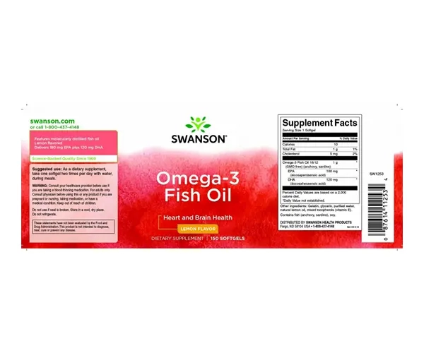 Омега-3 риб'ячий жир Swanson (Omega-3 Fish Oili) 150 капсул зі смаком лимона