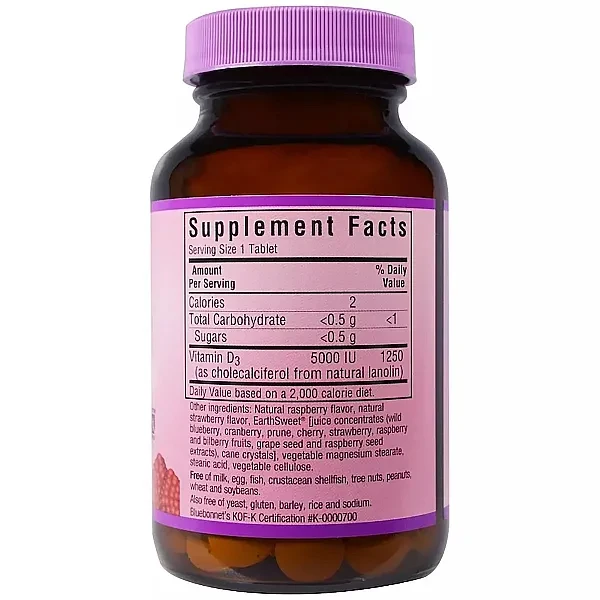Вітамін D3 Bluebonnet Nutrition  (Vitamin D3) 5000 МО 90 жувальних таблеток зі смаком малини