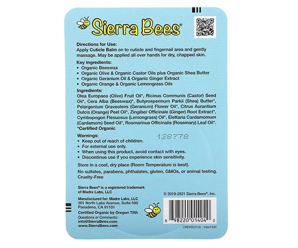 Бальзам по уходу за кутикулой, герань, апельсин и лемонграсс Sierra Bees 17 г (0,6 унции)