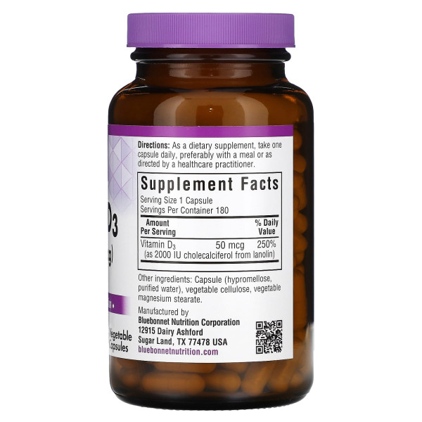 Вітамін D3 з ланоліну Bluebonnet Nutrition  (Vitamin D3) 2000 MО 180 капсул