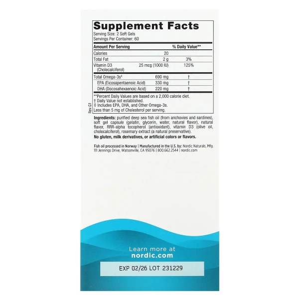 Рыбий жир Омега-3Д Nordic Naturals (Omega-3D) 1000 мг 120 капсул со вкусом лимона