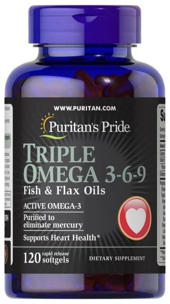 Потрійна омега 3-6-9 рибні та лляні олії Puritan's Pride  (Triple Omega 3-6-9 Fish and Flax Oils) 120 капсул