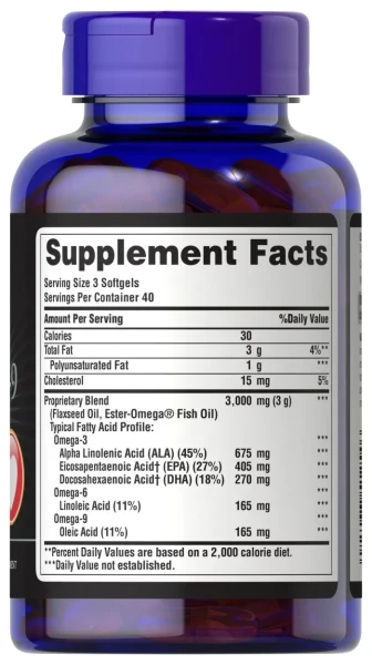 Потрійна омега 3-6-9 рибні та лляні олії Puritan's Pride  (Triple Omega 3-6-9 Fish and Flax Oils) 120 капсул