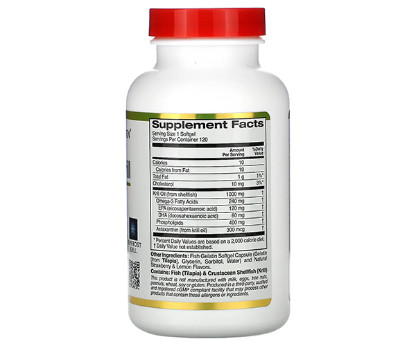 Жир арктического криля с астаксантином California Gold Nutrition (Antarctic Krill) 1000 мг 120 капсул со вкусом лимона и клубники