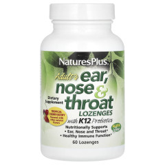 Пробиотики для здоровья ЛОР-органов  Natures Plus (Adult's Ear, Nose, Throat with K12 Probiotics) 60 леденцов со вкусом вишни